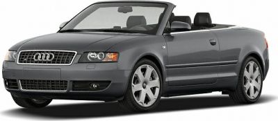 Convertible car with open roof, front and side view, alloy wheels.