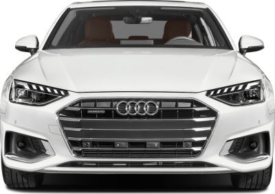 Front grille and LED headlights of a modern luxury sedan
