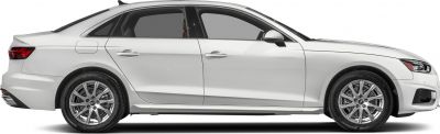 Side profile of modern white sedan with alloy wheels and sleek design