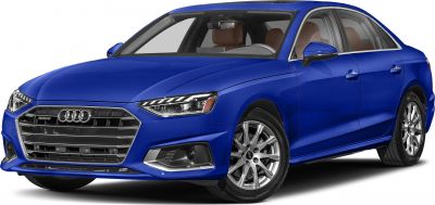 Blue sedan front three-quarter view with LED headlights and alloy wheels