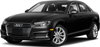 Front-side view of black sedan with LED headlights and alloy wheels