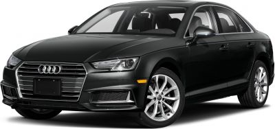 Front three-quarter view of black sedan with grille and alloy wheels