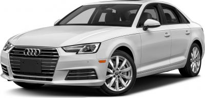 Front and side profile of white sedan with distinct grille and wheels.