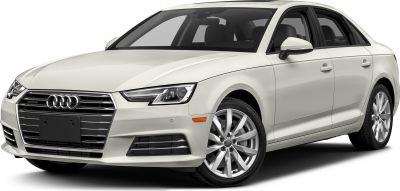 Front and side view of white sedan with LED headlights and alloy wheels