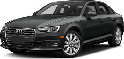 Front and side view of sedan with distinctive grille and LED headlights