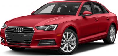 Red sedan with LED headlights, front grille, and alloy wheels