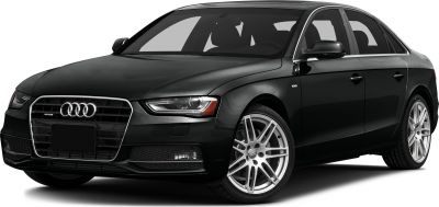 Front side view of black sedan with distinctive headlights and grille