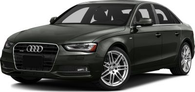 Front side view of a sleek sedan with distinctive headlights and alloy wheels