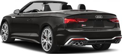 Rear and side view of black convertible with dual exhaust and alloy wheels