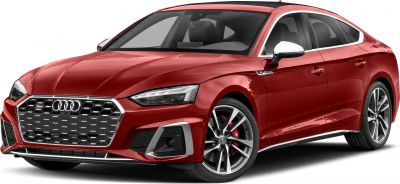 Front and side view of a red performance hatchback with sporty rims and distinct grille