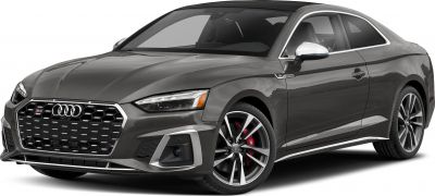 Front side view of a sporty coupe front grille, LED headlights, alloy wheels with red brake calipers