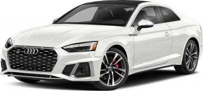Front and side view of a white Coupe with distinctive grille and sporty wheels