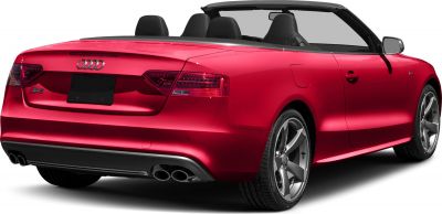 Convertible with dual exhaust and alloy wheels, rear view