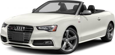 Front and side of white convertible with alloy wheels and LED headlights