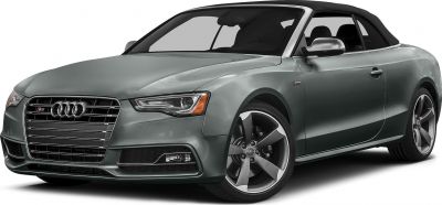 Front side view of a convertible with black soft top and alloy wheels