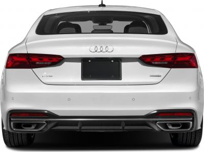 Rear view of a modern sedan with distinct taillights and dual exhausts
