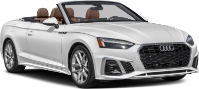 White convertible with sleek front grille and brown leather interior seats