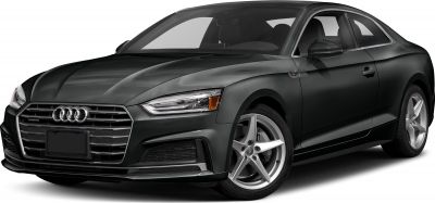 Front three-quarter view of sporty coupe with signature grille and alloy wheels