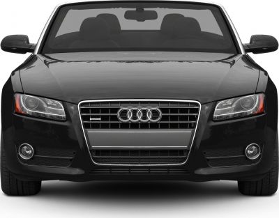Front view of a convertible with grille and dual headlights