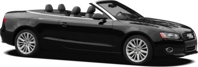 Side profile of a convertible with open roof and alloy wheels