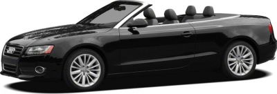 Black convertible side view with alloy wheels and soft top down