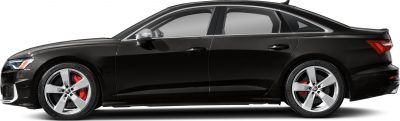Black sedan side view with silver alloy wheels and red brake calipers