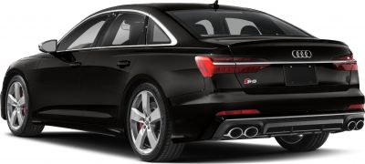 Rear view of black sedan with quad exhaust and sleek taillights