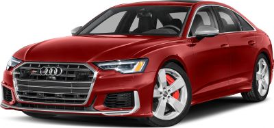Front view of red luxury sedan with LED headlights and bold grille