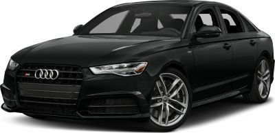 Front and side view of black sedan with distinct grille and sporty alloy wheels