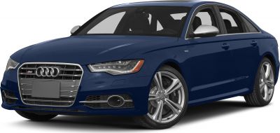 Front-side view of blue sedan with alloy wheels and LED headlights