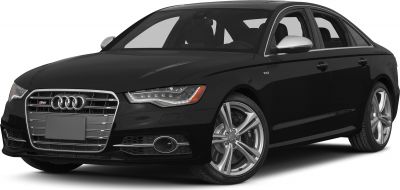Front-angle view of black sedan with LED headlights and alloy wheels