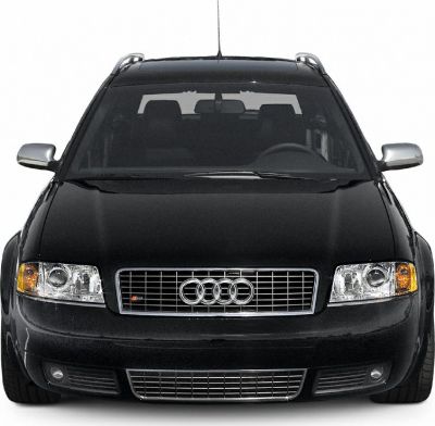 Front view of a black luxury performance wagon with distinctive grille and headlights