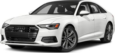 Front view of a sedan with LED headlights and distinctive alloy wheels