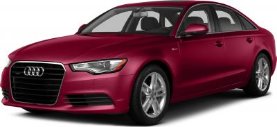 Front and side view of red sedan with grille and alloy wheels