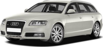 Front side view of a white station wagon with LED headlights and alloy wheels