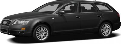 Side profile of black 2005 Audi A6 Avant touring wagon with alloy wheels