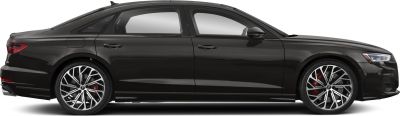 Side profile of black sedan with distinctive alloy wheels