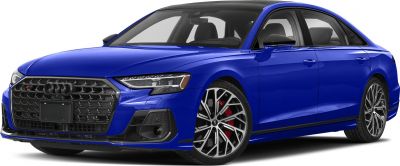 Blue luxury sedan with honeycomb grille and large alloy wheels