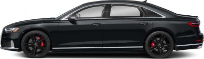 Side profile of a sedan with black rims and red brake calipers