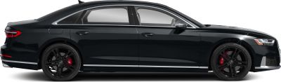 Side profile with black multi-spoke wheels, red brake calipers, and sedan silhouette