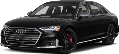 Front-side view of sleek luxury sedan with black finish and LED headlights