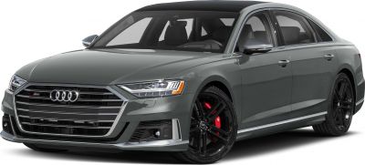 Front angle of a luxury sedan with LED lights and black wheels