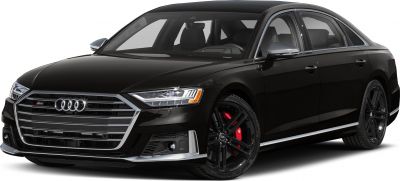 Front view with LED headlights and black alloy wheels with red calipers