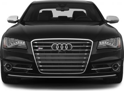 Front view of luxury car grille and LED headlights