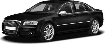 Black luxury sedan with front grille, chrome trim, alloy wheels