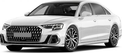 Sleek executive sedan front with large grille and LED headlights