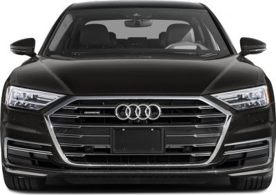 Wide chrome-trimmed grille and angular LED headlights from front view