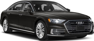 Luxury sedan front view with LED headlights and alloy wheels