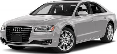 Front and side view of silver luxury sedan with LED headlights and chrome grille