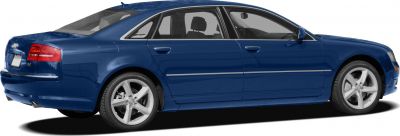 Side view of blue luxury sedan with alloy wheels and chrome trim